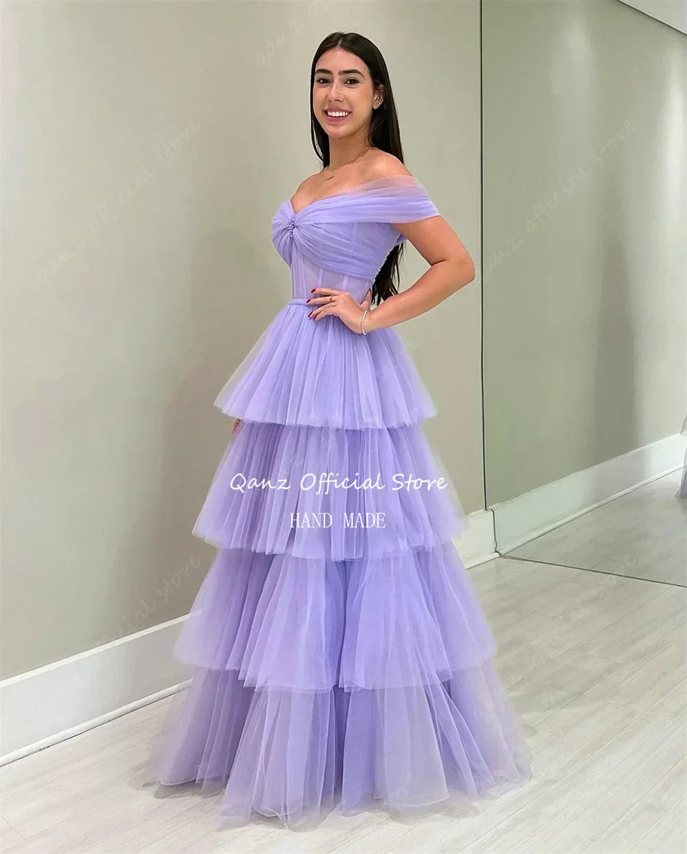Qanz Lilac Tulle Evening Dresses Off The Shoulder