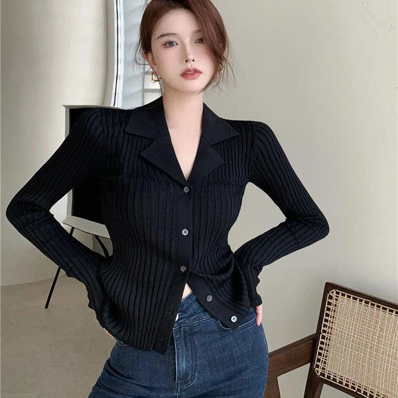 Rimocy Black Knit V Neck Cardigan Women Korean
