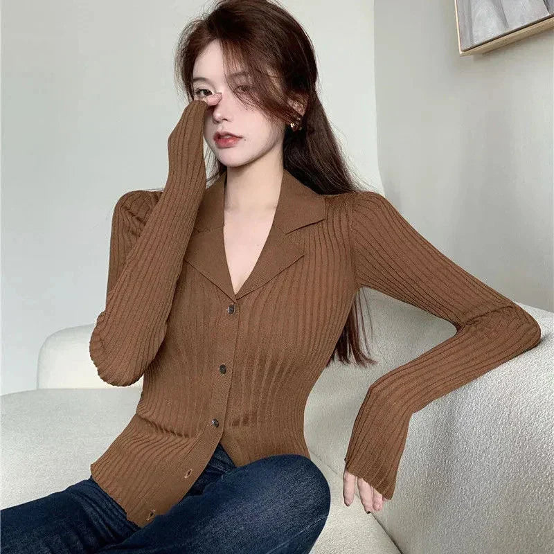 Rimocy Black Knit V Neck Cardigan Women Korean