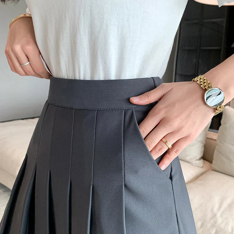 Rimocy Korean Elastic High Waist Pleated Skirt Woman