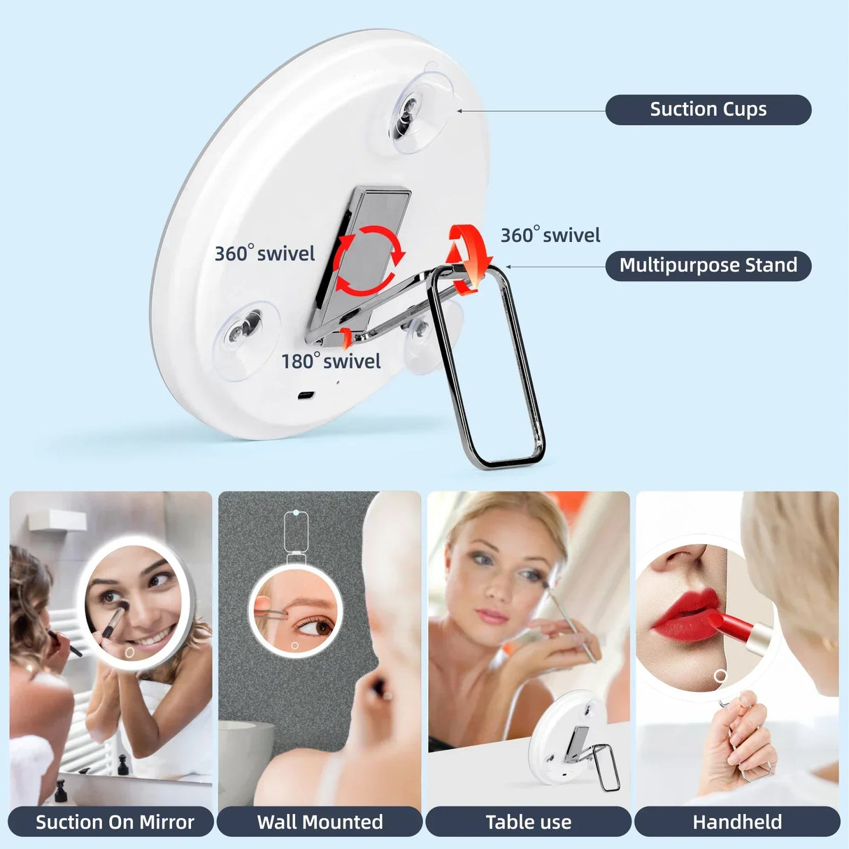 Portable Travel Magnified Mirror with 360° Adjustable Stand and Suction Cup