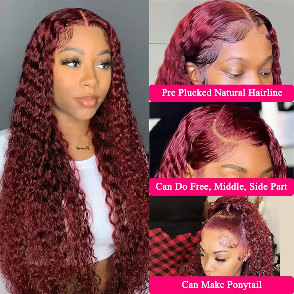 Transparent Deep Wave Lace Frontal Wig Burgundy