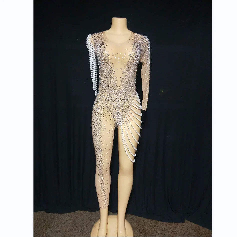 See Through Jumpsuits Women Pearl Rhinestone Gogo Dancer