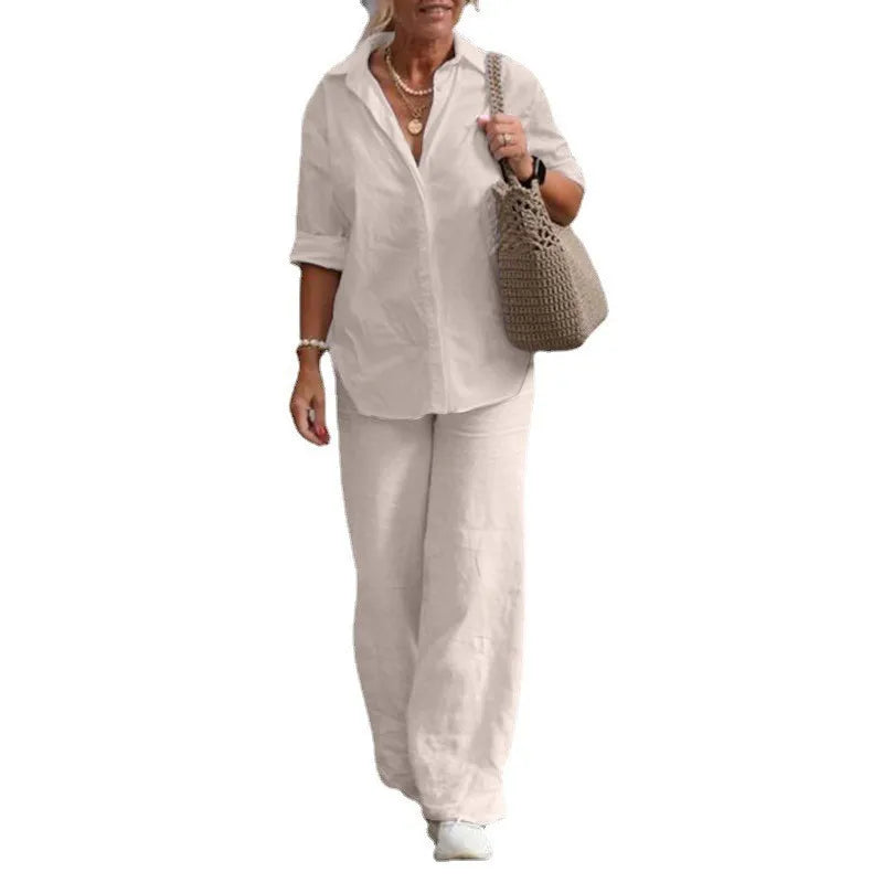 Long-Sleeved Shirt Casual Wide-Leg Pants Suit Piece Sets