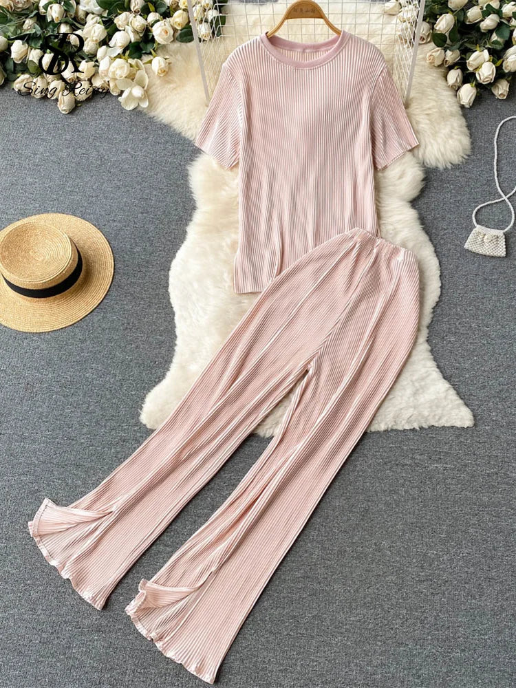 Singreiny Pleated Fashion Solid Set Women Loose O