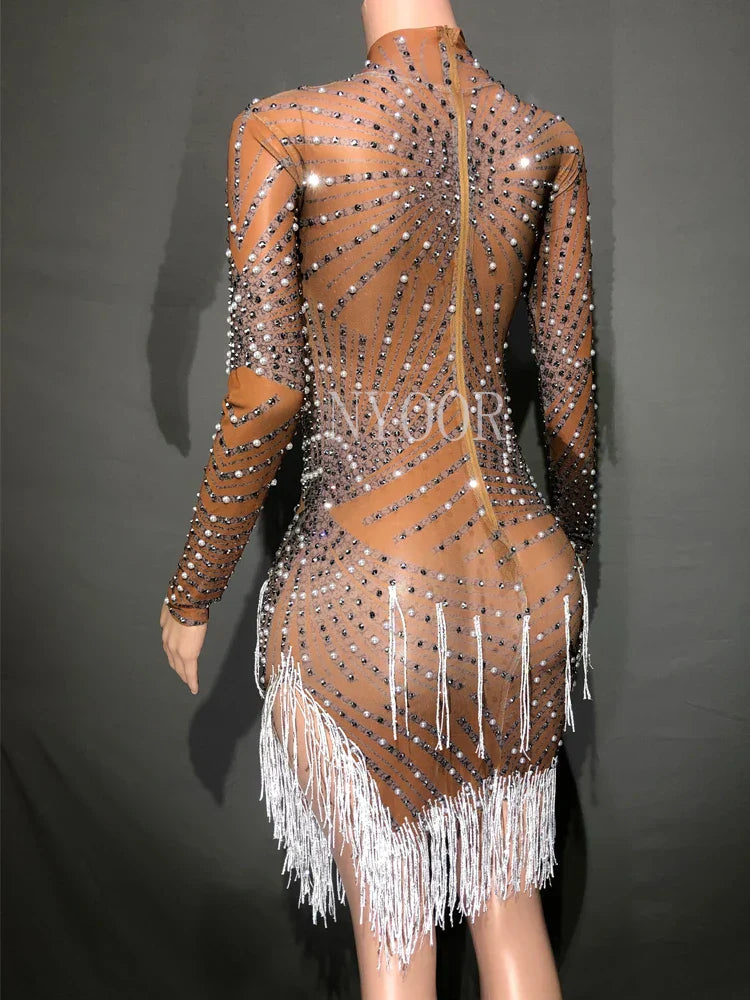 Sparkly Rhinestones Pearls White Fringe High Neck Mesh