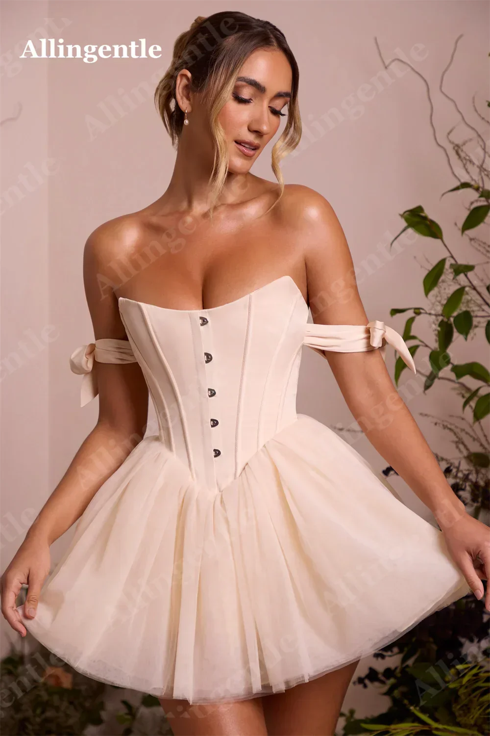 Allingentle Blush Pink Off Shoulder Homecoming Dresses Button