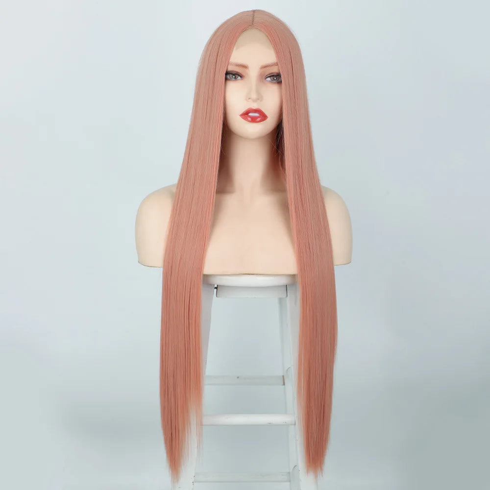Peach Long Straight Red Pink Natural Hairline Wig