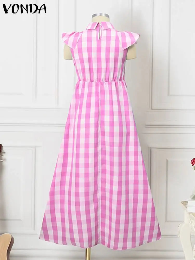 Vonda Summer Women Bohemian Plaid Dress Elegant Maxi