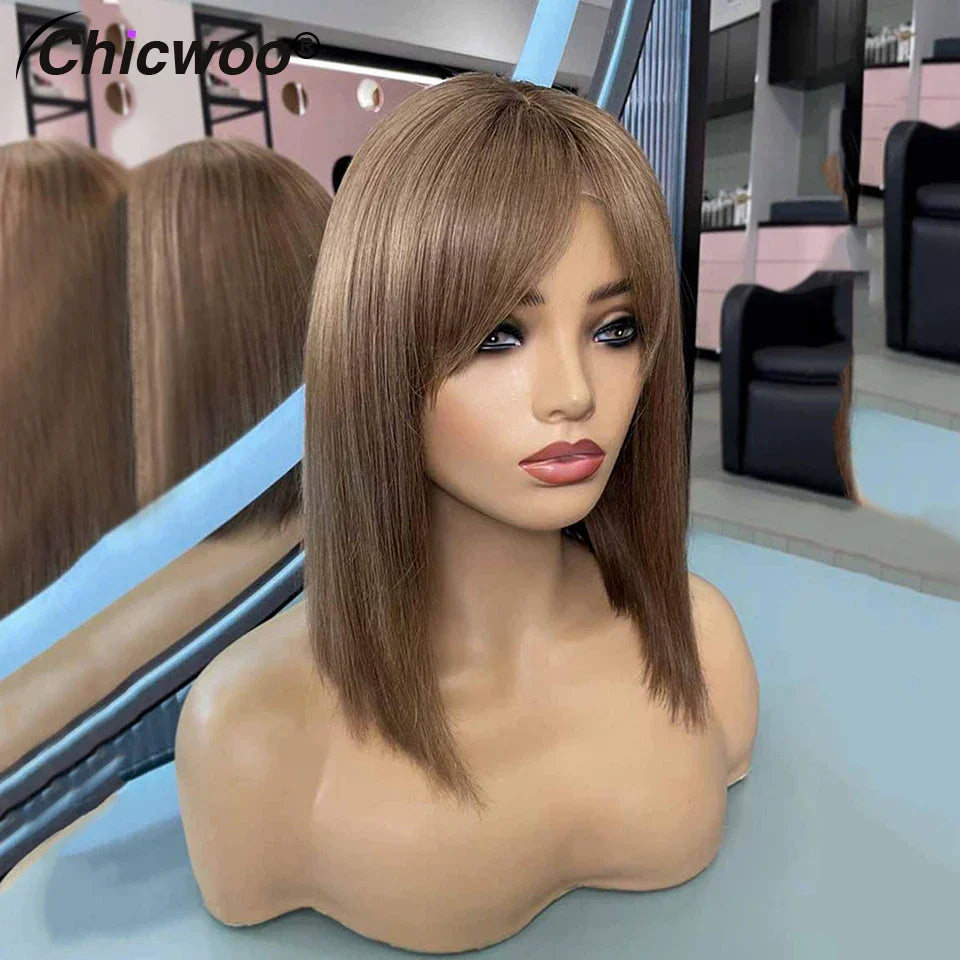 Ash Brown Short Bob Wig With Bangs Colored