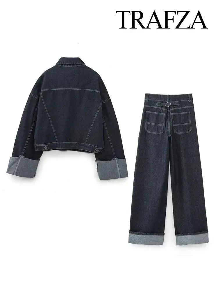 Trafza Autumn Fashion Woman Solid Denim Female Long