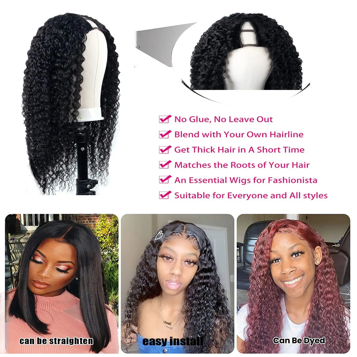 Kinky Curly U V Part Wig Human Hair