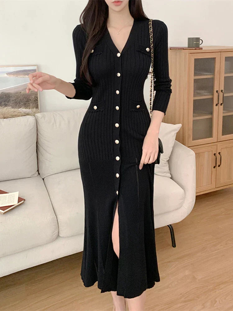 Summer Midi Dress Women Knitted Black Bodycon Korea