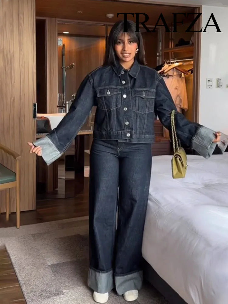 Trafza Autumn Fashion Woman Solid Denim Female Long