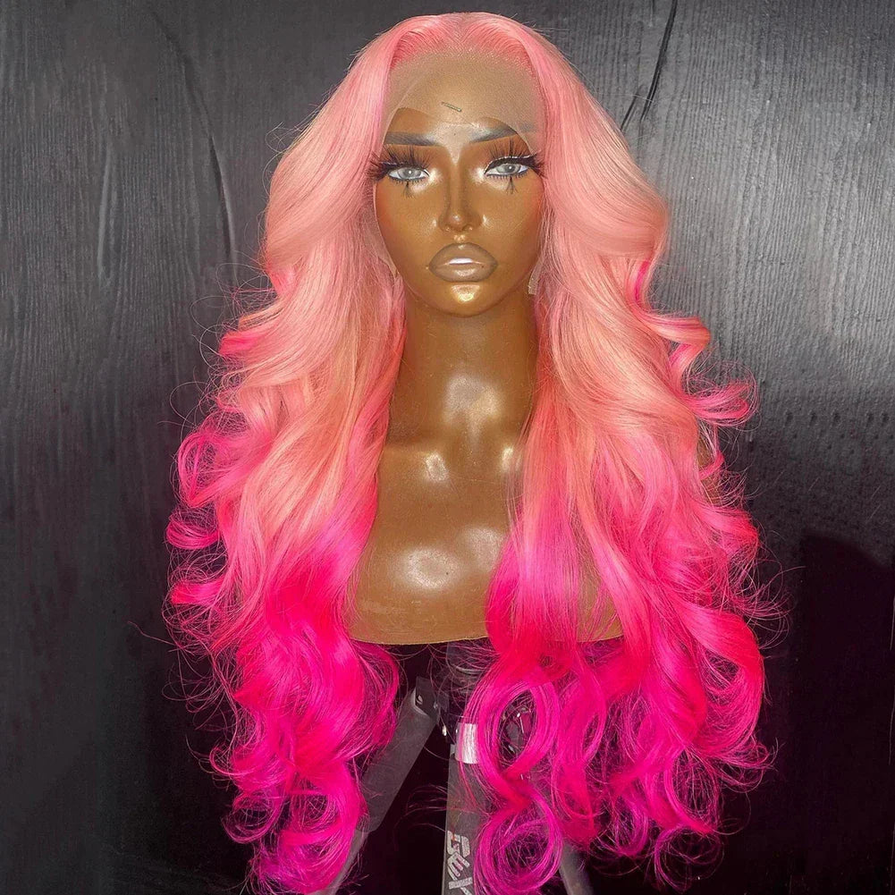 Ombre Pink Color Transparent Synthetic Lace Front Wig