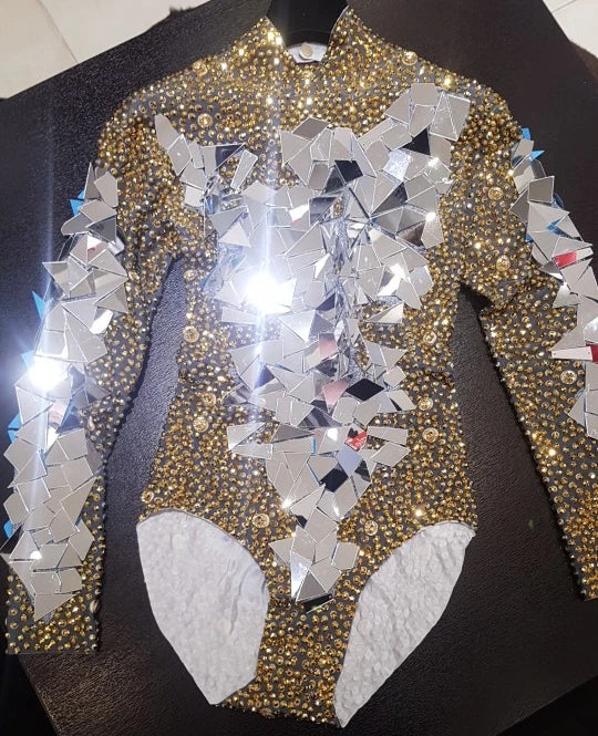 Shining Gold Rhinestones Mirrors Bodysuit Women' Birthday Celebrate