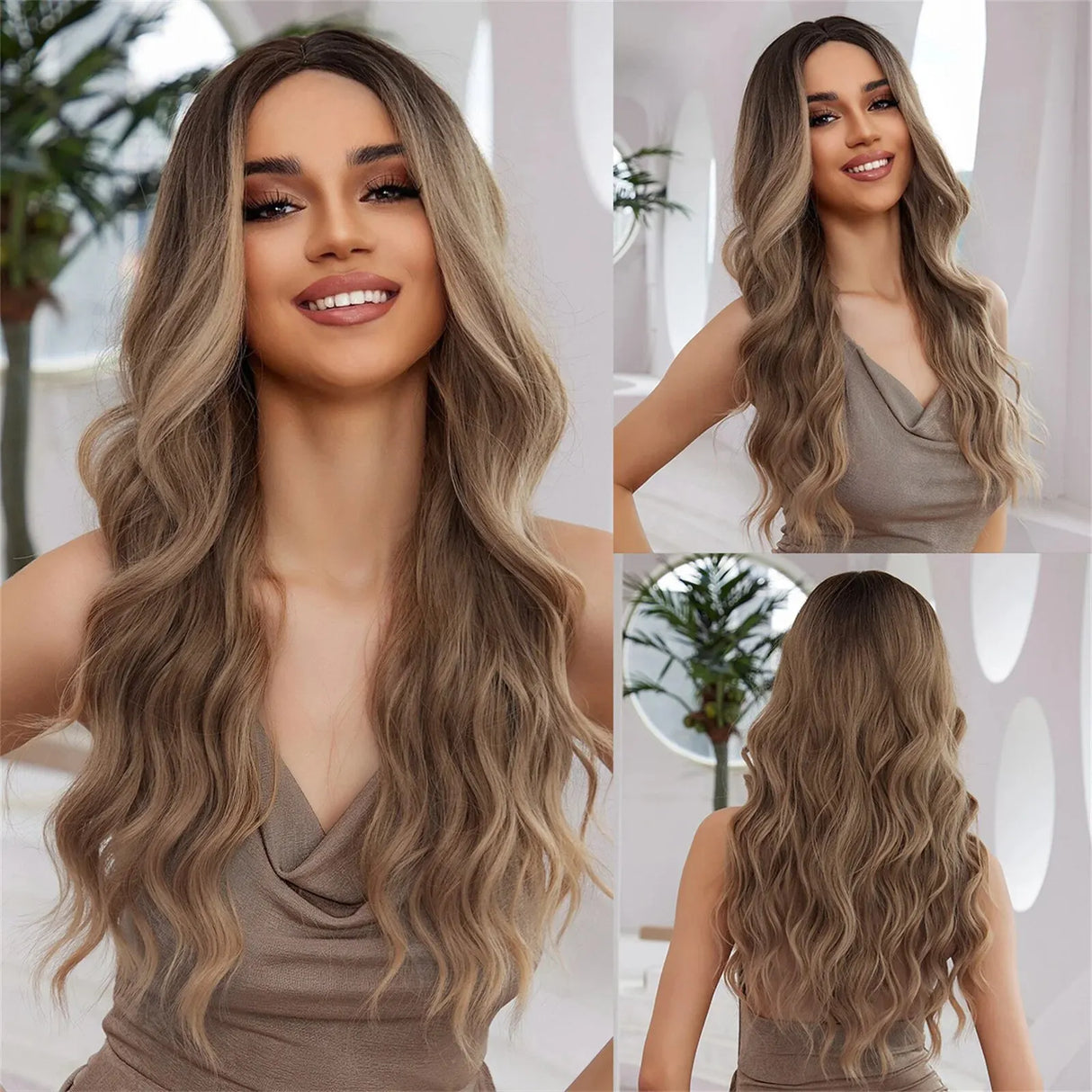 Medium Long Synthetic Fiber Wigs Middle Ombre Top