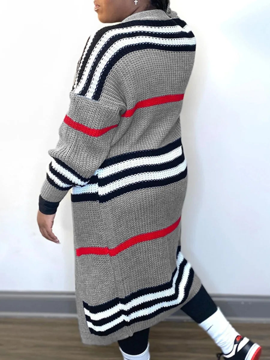 Plus Coat Dropped Shoulder Striped Loose Cardigan