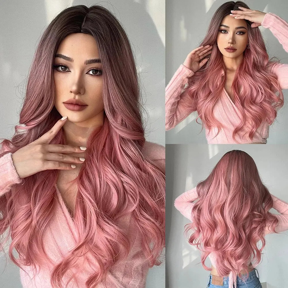 Medium Long Synthetic Fiber Wigs Middle Ombre Top