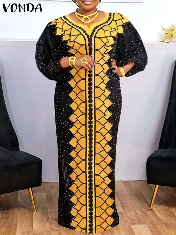 5Xl Vonda Bohemian Women Printed Maxi Dress V-Neck