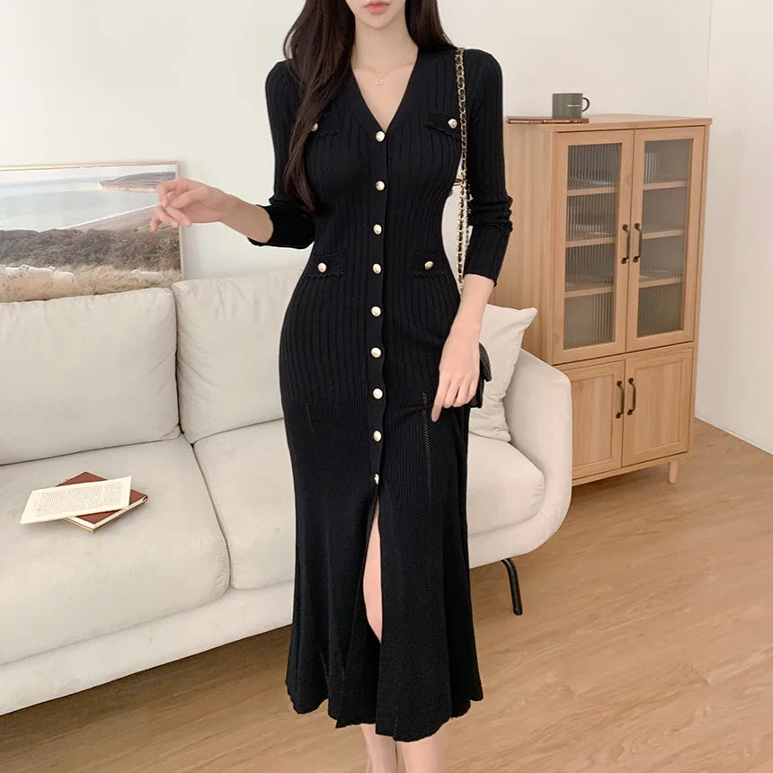 Summer Midi Dress Women Knitted Black Bodycon Korea