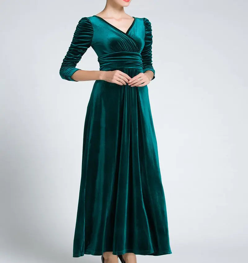 Women Clothing Long Dress Velvet Autumn V-Neck Evening