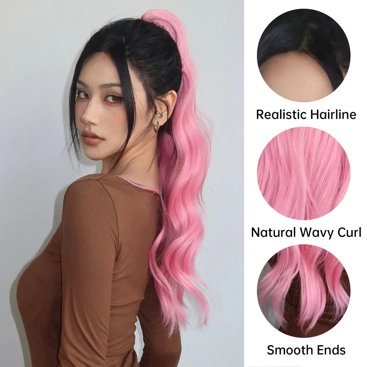 Synthetic Ponytail Pink Long Wavy Claw Clip Ponytail