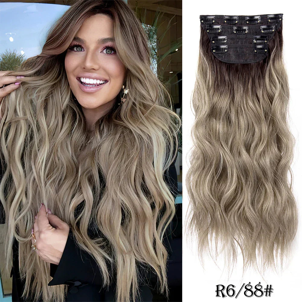 Set Synthetic Hair Clip In Long Wavy Thick