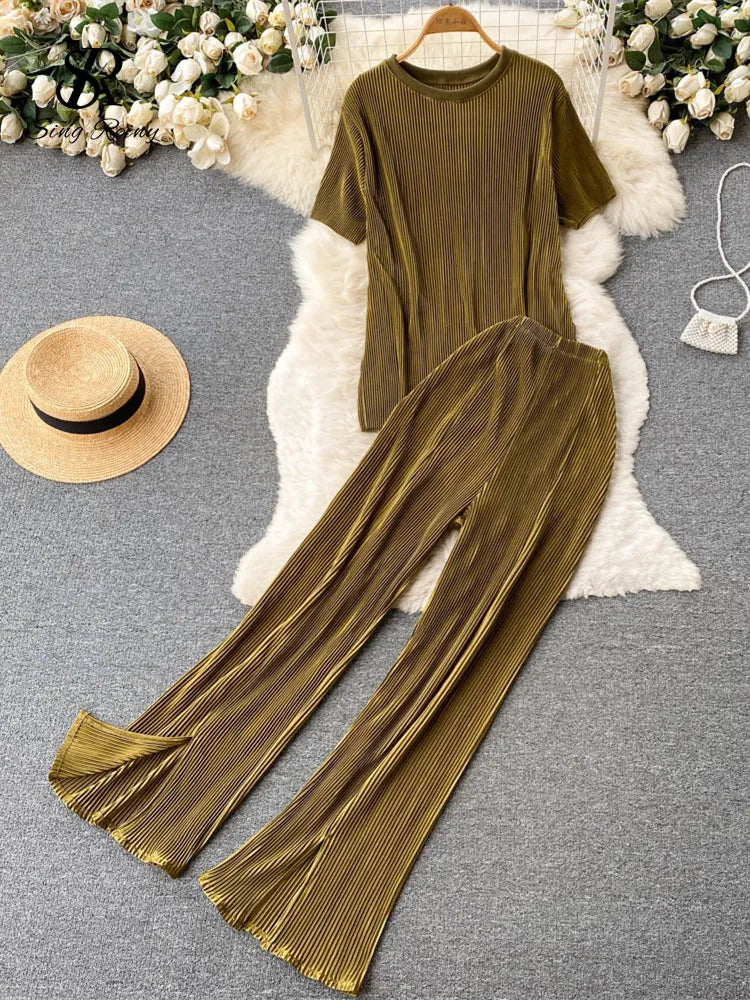 Singreiny Pleated Fashion Solid Set Women Loose O