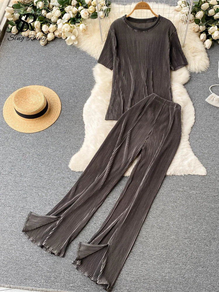 Singreiny Pleated Fashion Solid Set Women Loose O