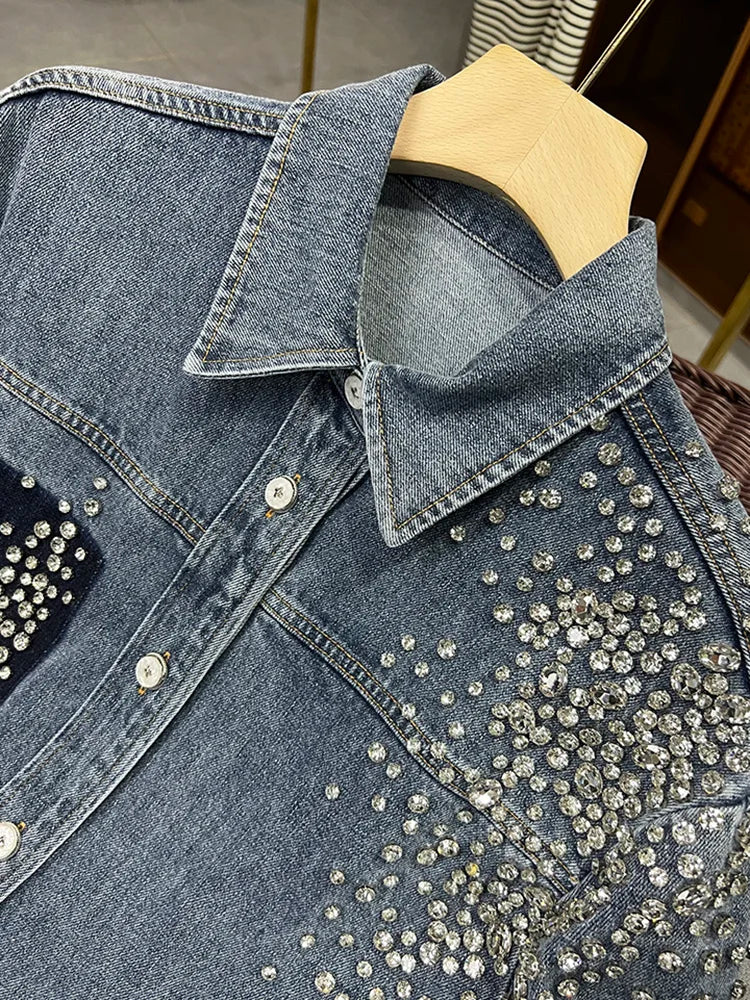 Ieqj Diamonds Patchwork Denim Jackets For Women Lapel