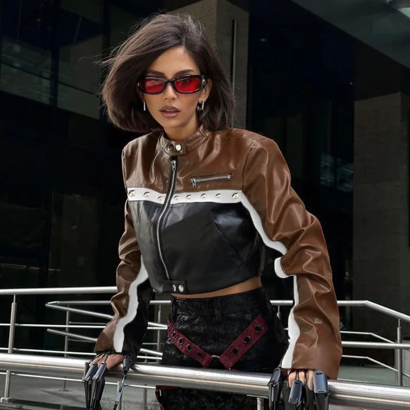 Koxinves Punk Motorcycle Style Women'S Coat Spring Rivet