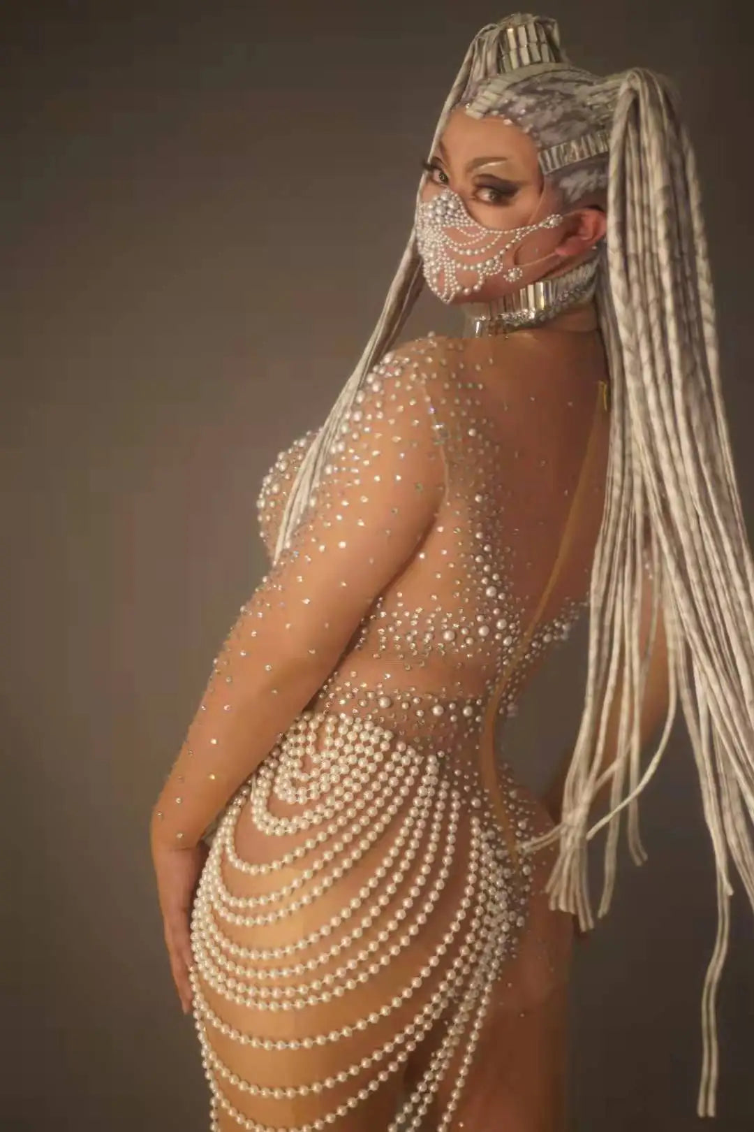 See Through Jumpsuits Women Pearl Rhinestone Gogo Dancer