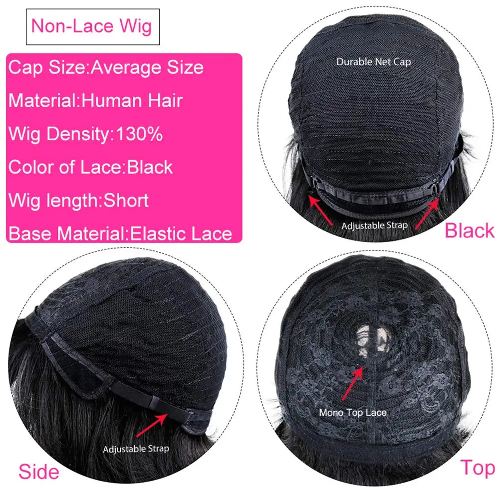 Short Straight Human Hair Wigs Natural Color Brazilian