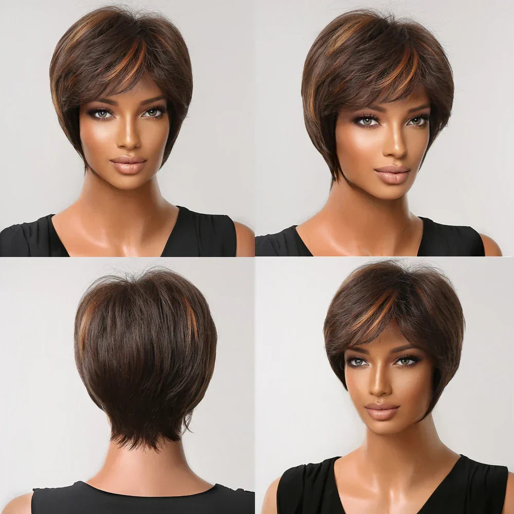Short Pixie Cut Wig With Highlight Straight Chocolate