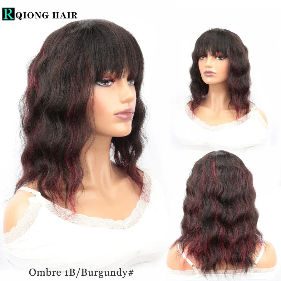 Wet And Wavy Bob Wigs With Bangs Ombre
