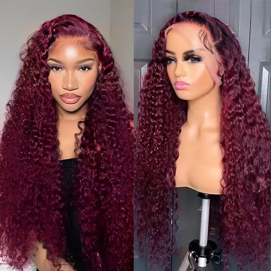Transparent Deep Wave Lace Frontal Wig Burgundy