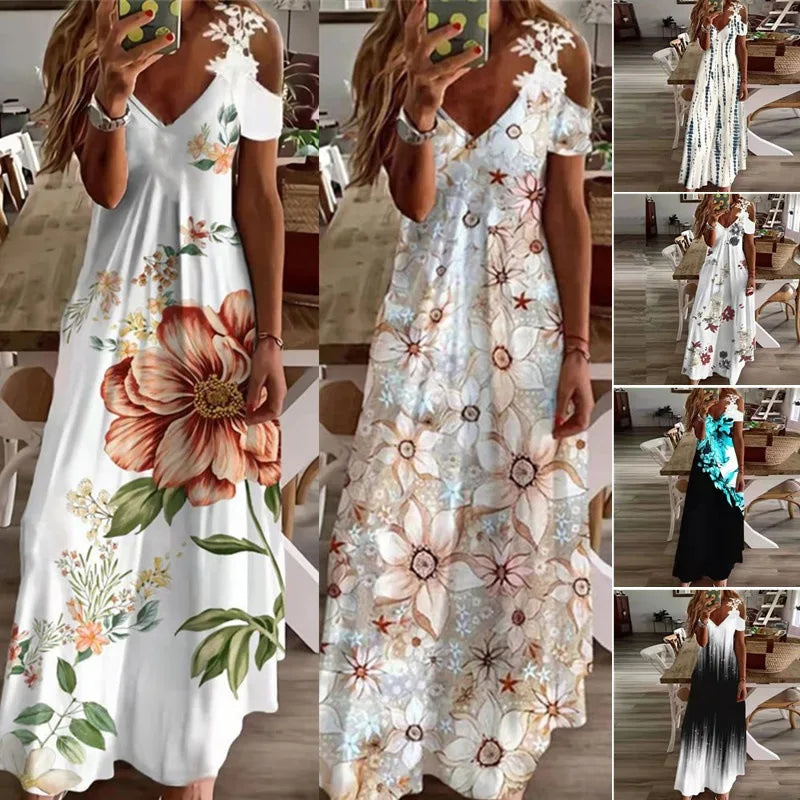 Women Floral Print Maxi Dress Boho Lace Sling