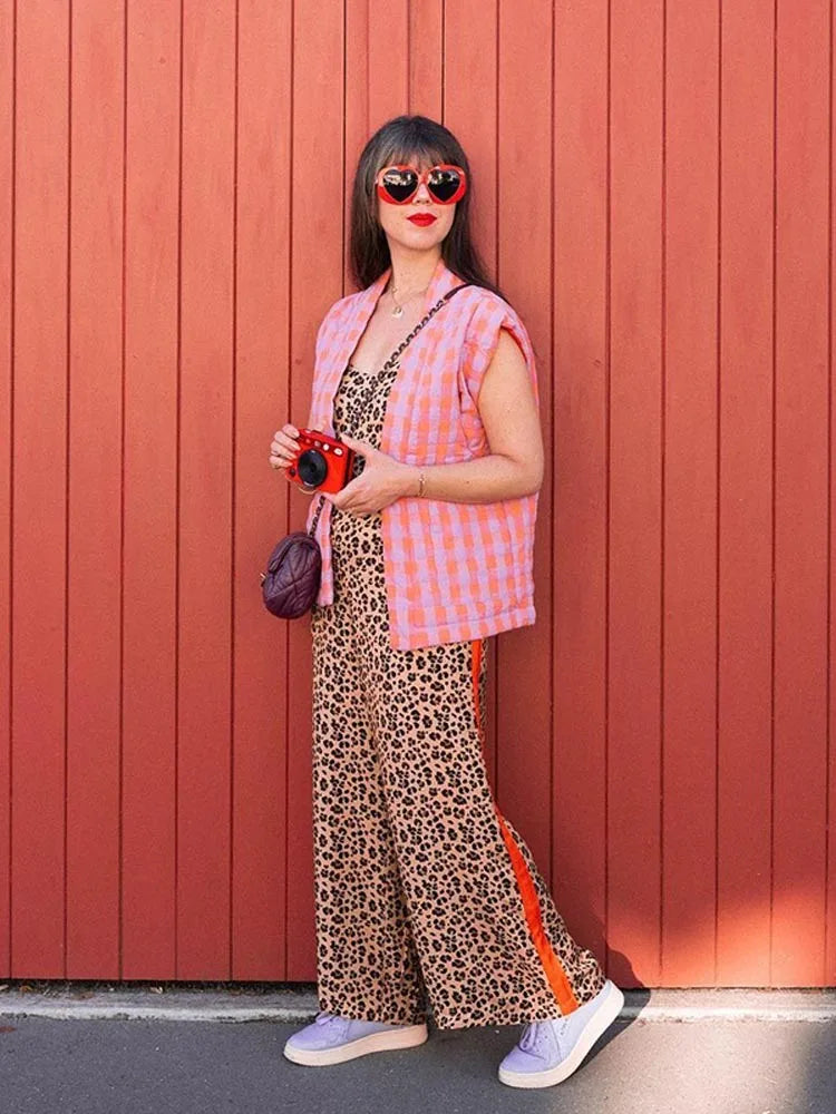 Women Fashion Plaid Pants Piece Sets Loose Sleeveless