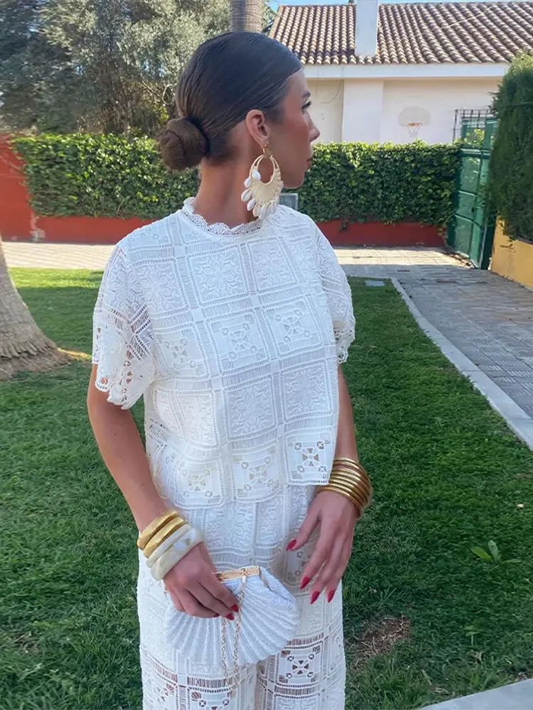 Retro Hollow Out Women'S Lace Loose Straight Pants