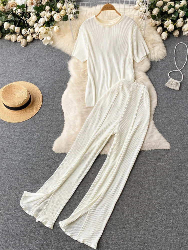 Singreiny Pleated Fashion Solid Set Women Loose O