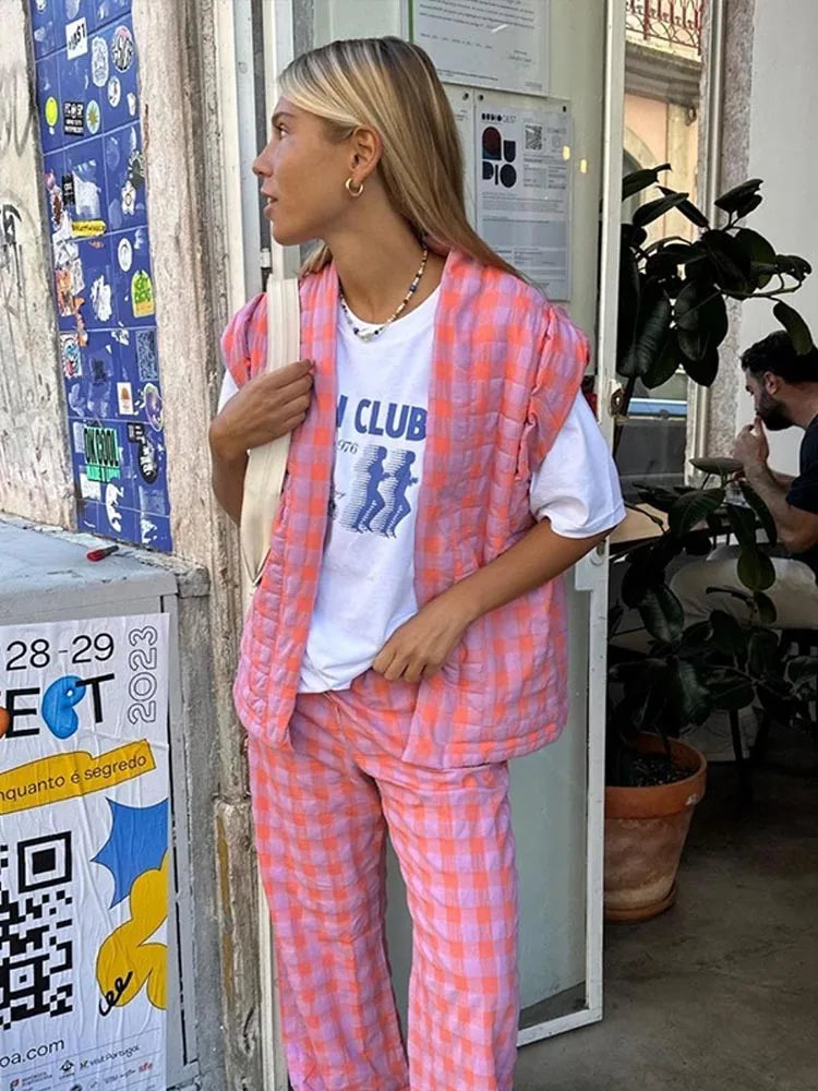 Women Fashion Plaid Pants Piece Sets Loose Sleeveless