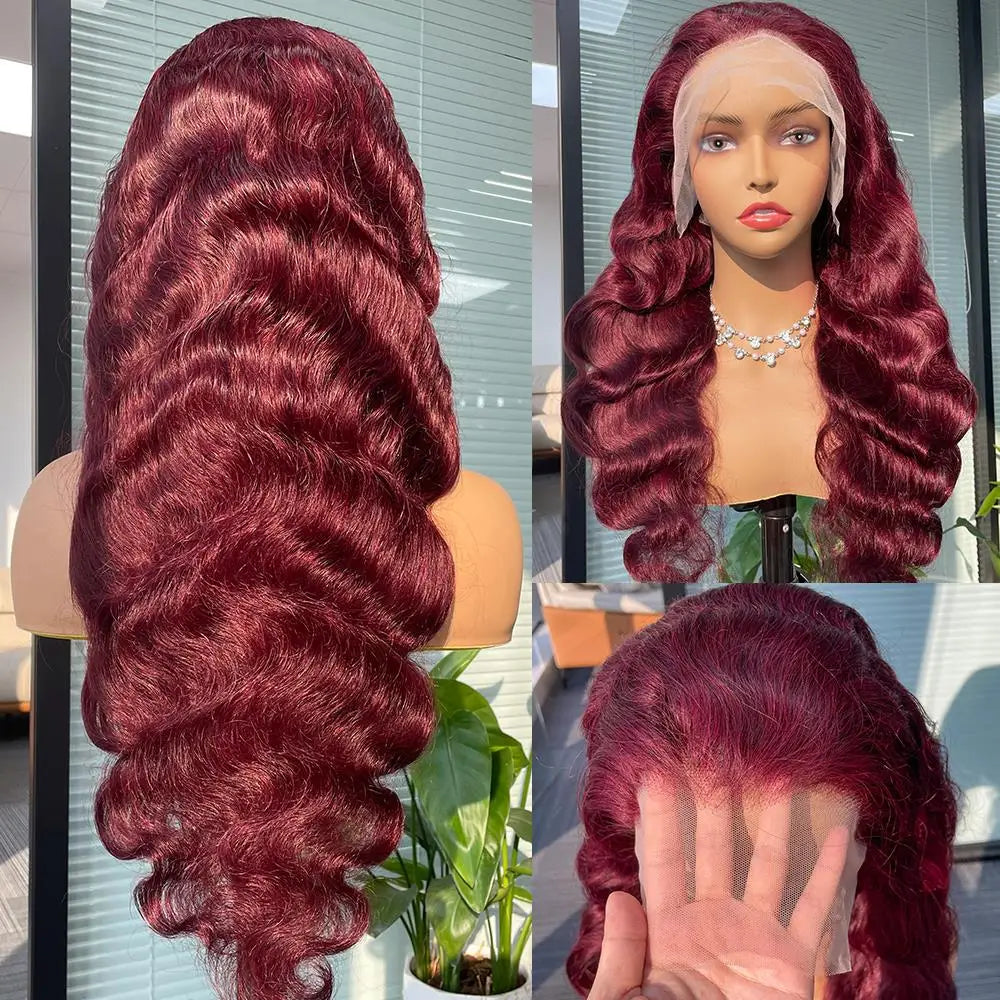Red Lace Front Human Hair Wigs Burgundy
