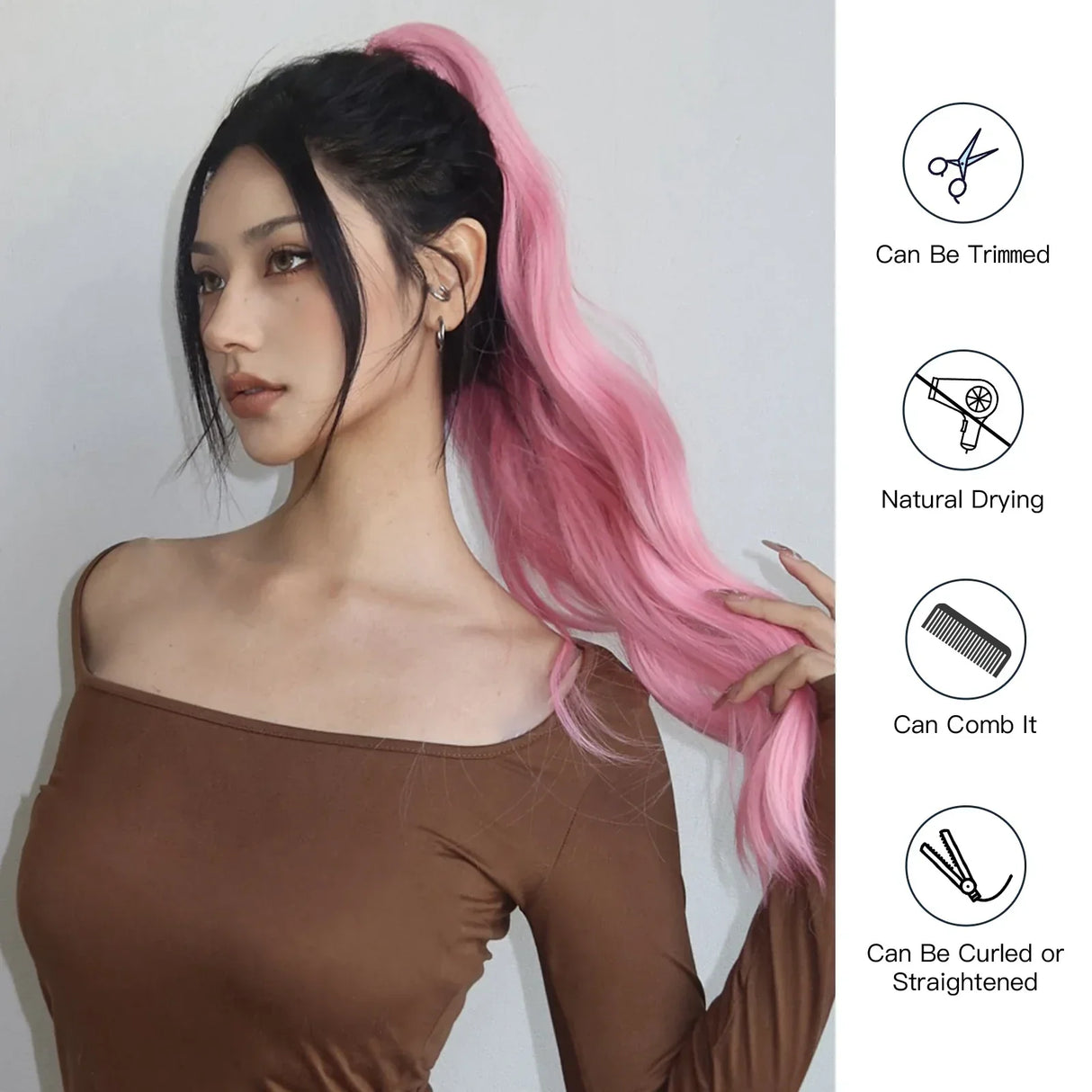 Synthetic Ponytail Pink Long Wavy Claw Clip Ponytail