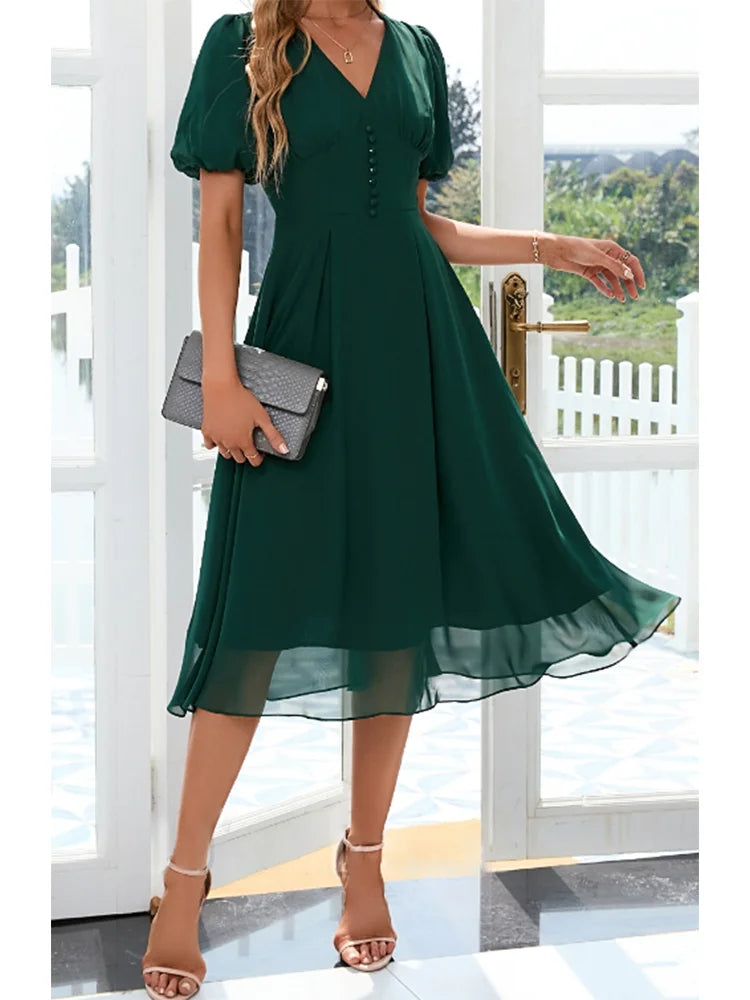 Women' Chic Dress V-Neck Elegant A-Line Chiffon Midi
