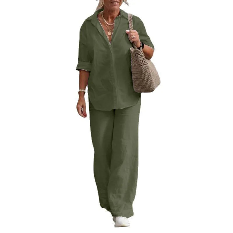 Long-Sleeved Shirt Casual Wide-Leg Pants Suit Piece Sets