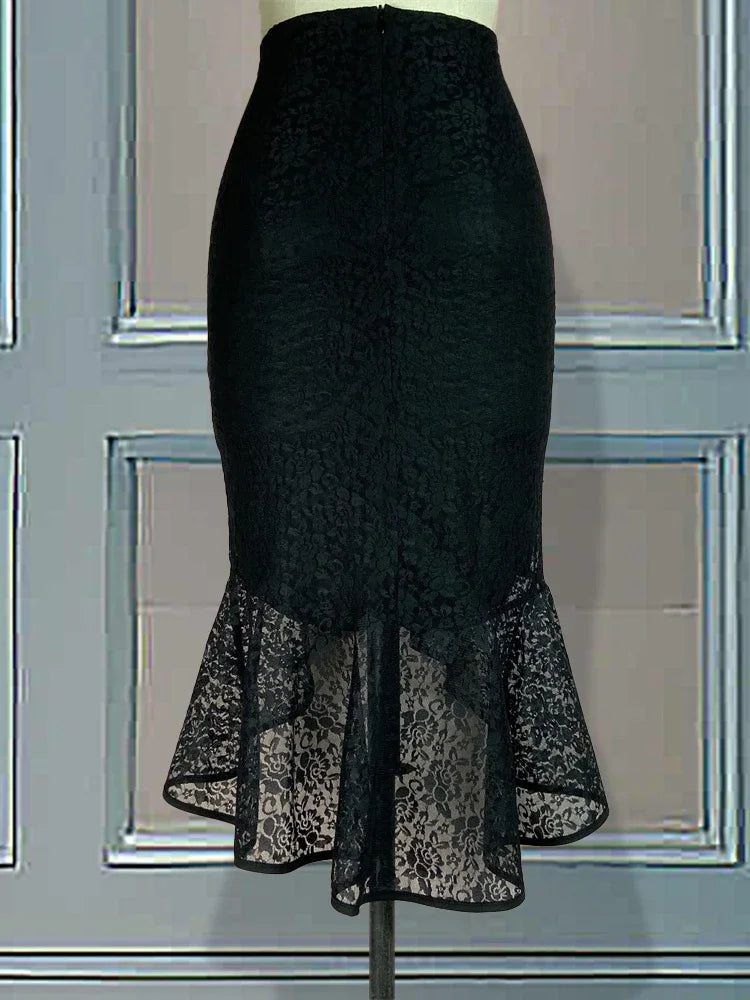 Women Midi Black Lace Skirt High Waist Fitted