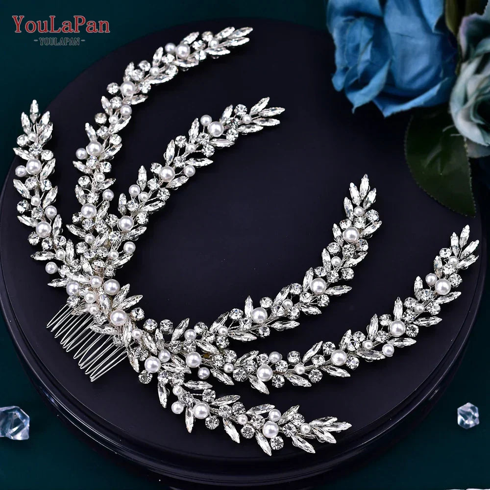 Youlapan Rhinestone Pearl Headpiece With Comb Bridal Headwear