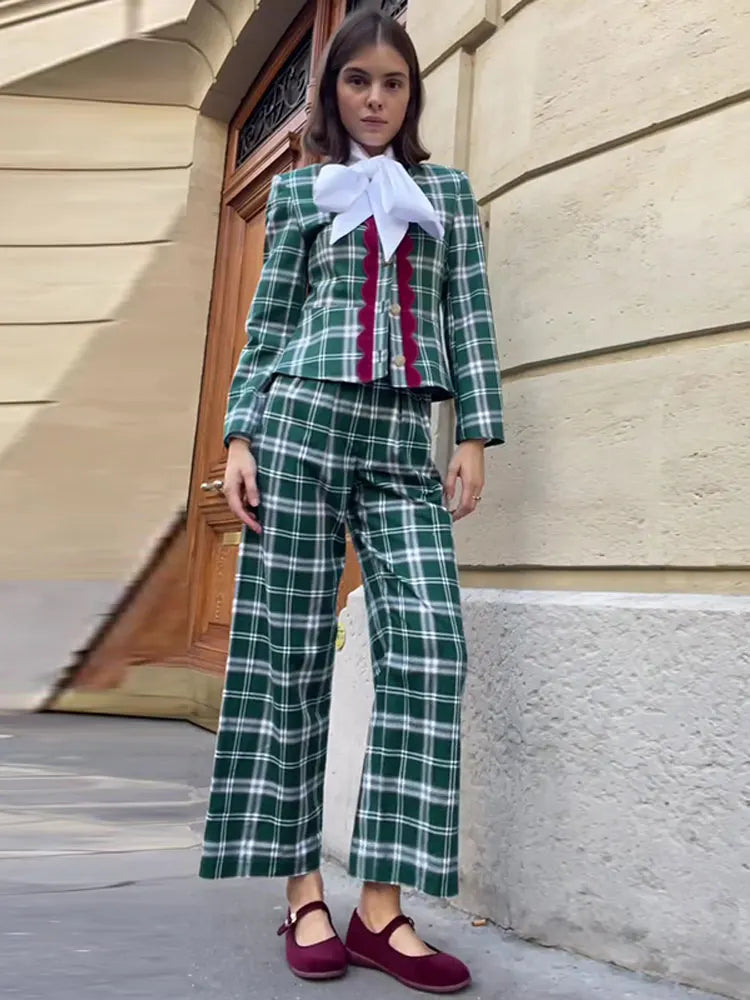 Women Fashion Plaid Pants Piece Sets Loose Sleeveless