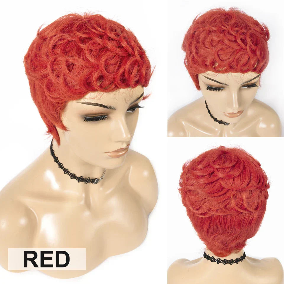 J Burgundy Short Pixie Cut Wigs With Bangs